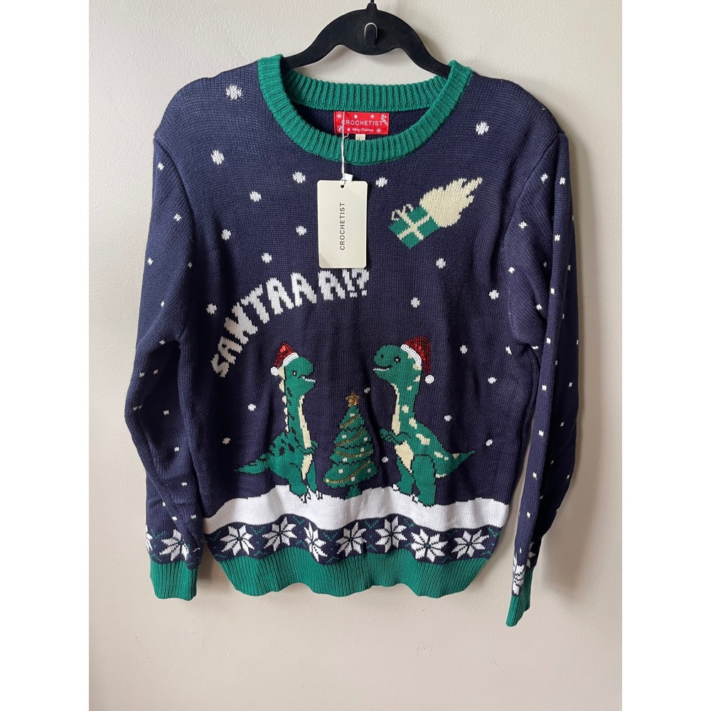 Crochetist Dinosaur Ugly Christmas Sweater Navy Blue Green Sequin Large NEW